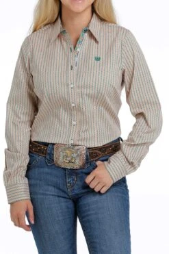 Women's Cinch Button Down Shirt #MSW9165008MUL