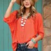 Women's Cinch Orange 1/2 Sleeve Blouse #CTW7390001